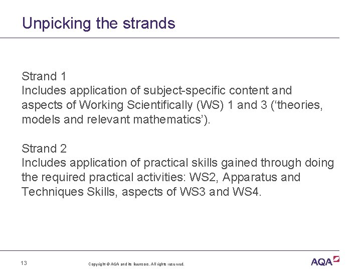 Unpicking the strands Strand 1 Includes application of subject-specific content and aspects of Working