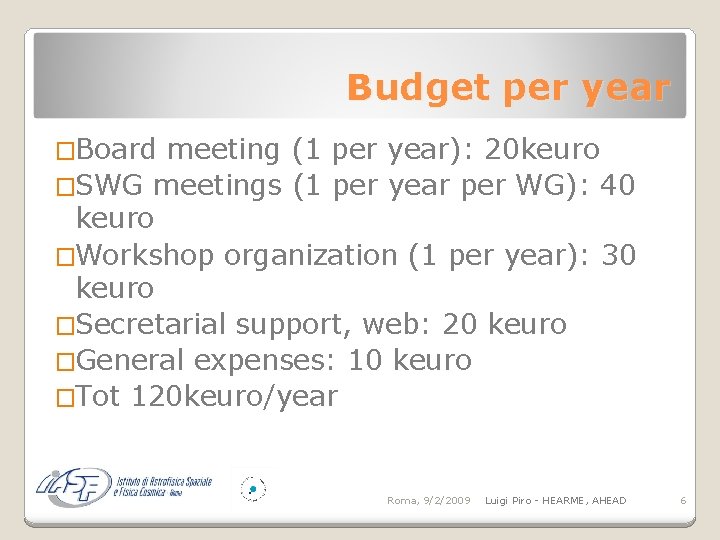 Budget per year �Board meeting (1 per year): 20 keuro �SWG meetings (1 per