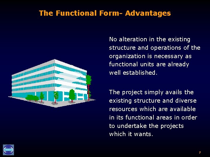 The Functional Form- Advantages No alteration in the existing structure and operations of the