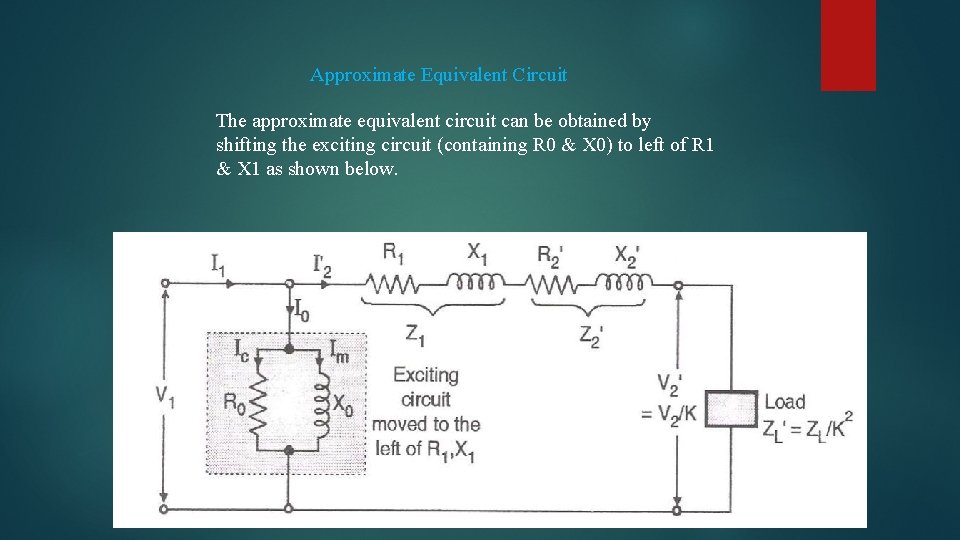 Approximate Equivalent Circuit The approximate equivalent circuit can be obtained by shifting the exciting