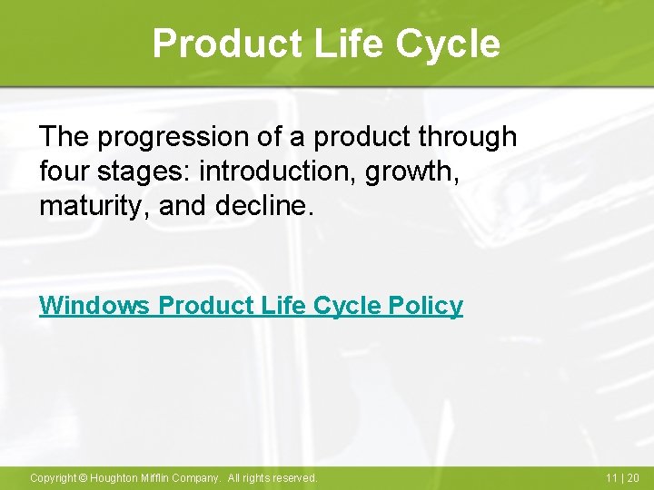 Product Life Cycle The progression of a product through four stages: introduction, growth, maturity, Product Life Cycle The progression of a product through four stages: introduction, growth, maturity,