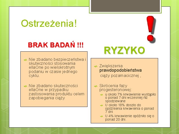 Ostrzeżenia! BRAK BADAŃ !!! Nie zbadano bezpieczeństwa i skuteczności stosowania ella. One po wielokrotnym