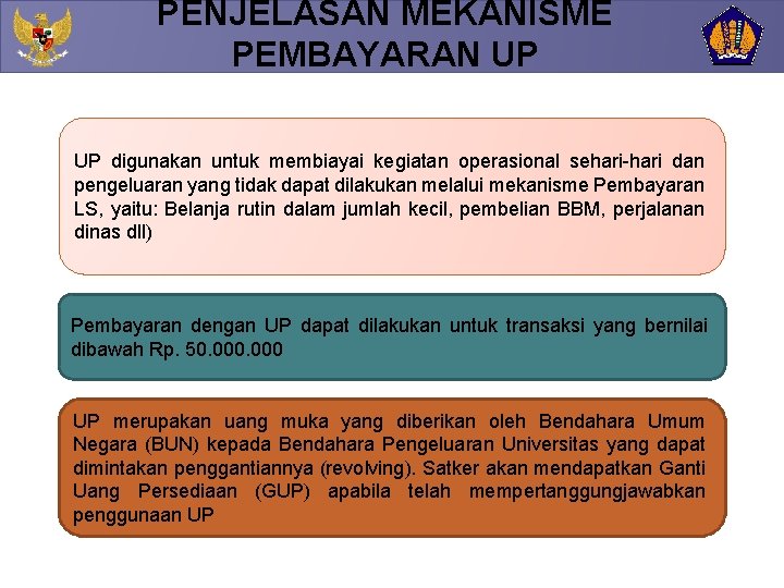 PENJELASAN MEKANISME PEMBAYARAN UP UP digunakan untuk membiayai kegiatan operasional sehari-hari dan pengeluaran yang