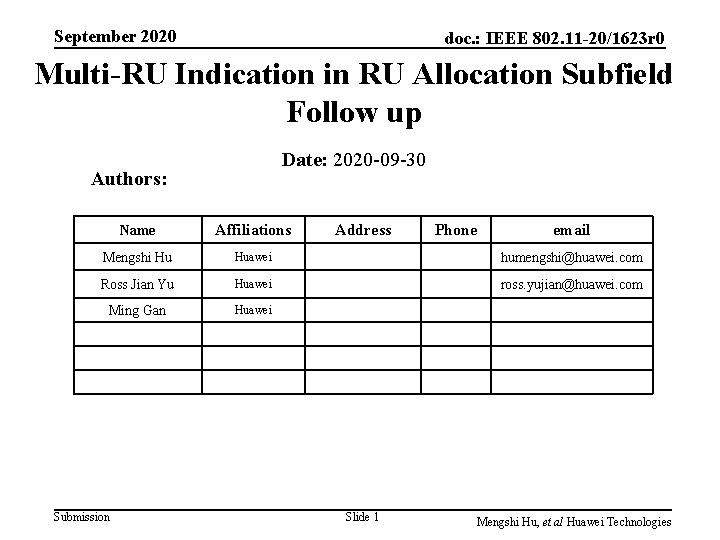 September 2020 doc. : IEEE 802. 11 -20/1623 r 0 Multi-RU Indication in RU