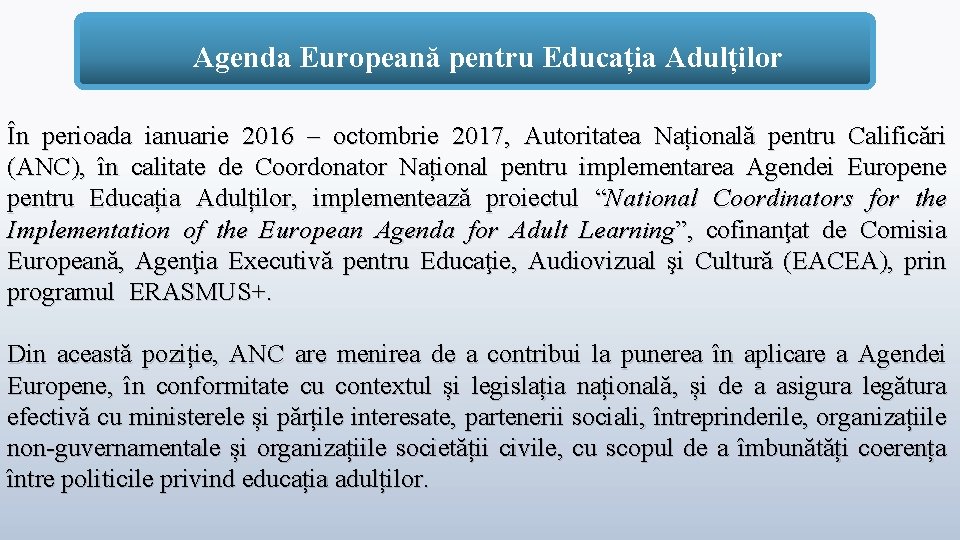 Agenda Europeană pentru Educația Adulților În perioada ianuarie 2016 – octombrie 2017, Autoritatea Națională