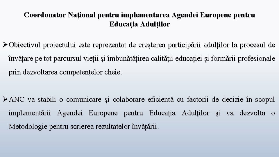 Coordonator Național pentru implementarea Agendei Europene pentru Educația Adulților Ø Obiectivul proiectului este reprezentat