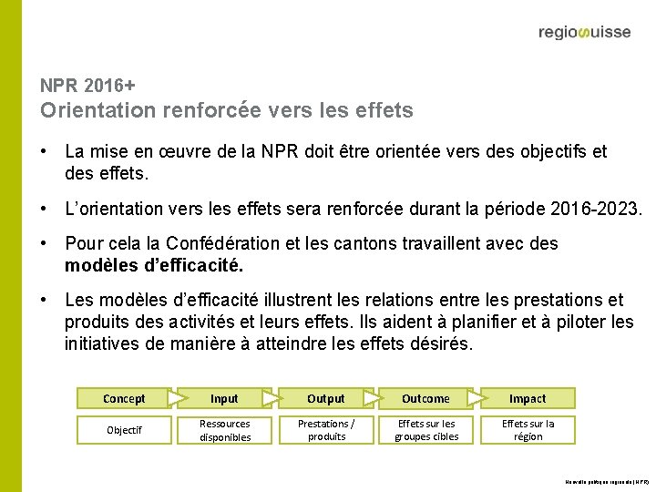 NPR 2016+ Orientation renforcée vers les effets • La mise en œuvre de la