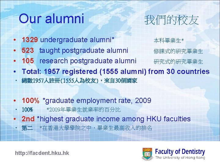 Our alumni • • 我們的校友 1329 undergraduate alumni* 本科畢業生* 523 taught postgraduate alumni 修課式的研究畢業生
