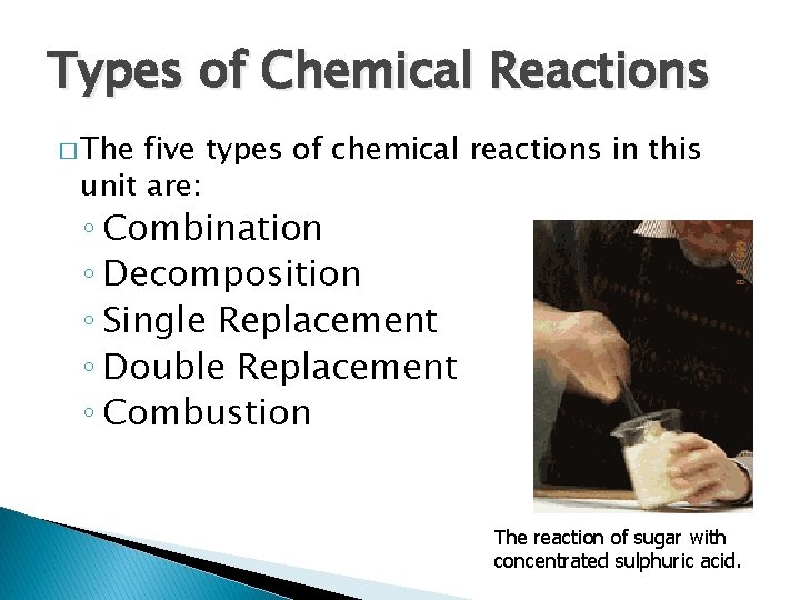 Types of Chemical Reactions � The five types of chemical reactions in this unit Types of Chemical Reactions � The five types of chemical reactions in this unit