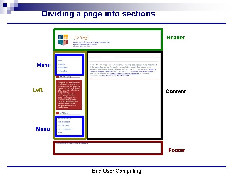 Dividing a page into sections Header Menu Left Content Menu Footer End User Computing