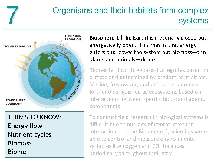 7 Organisms and their habitats form complex systems Biosphere 1 (The Earth) is materially