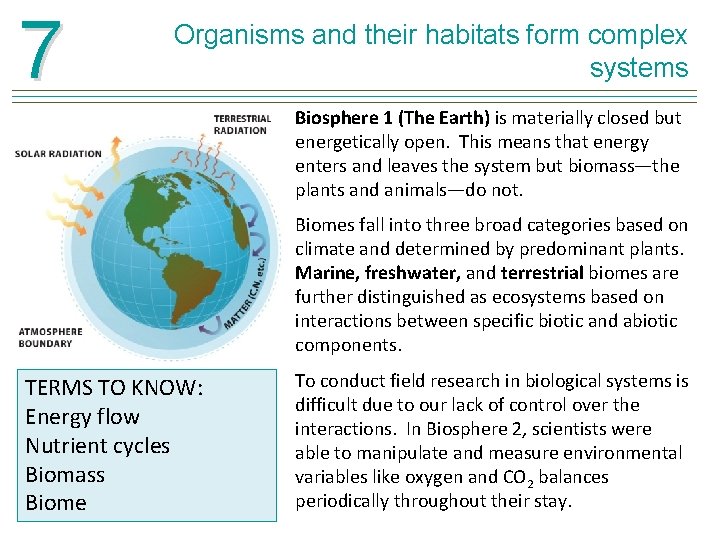 7 Organisms and their habitats form complex systems Biosphere 1 (The Earth) is materially