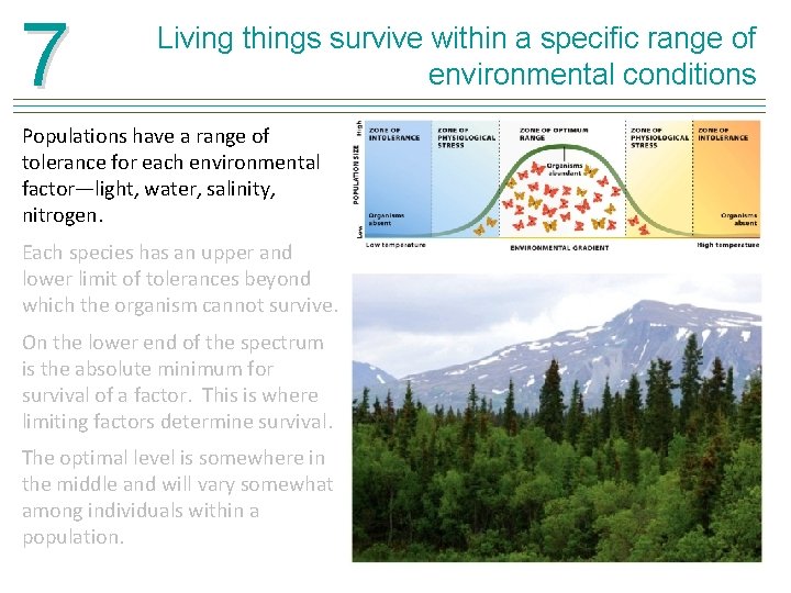 7 Living things survive within a specific range of environmental conditions Populations have a