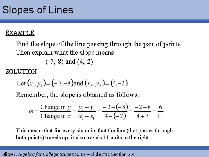 Slopes of Lines EXAMPLE Find the slope of the line passing through the pair