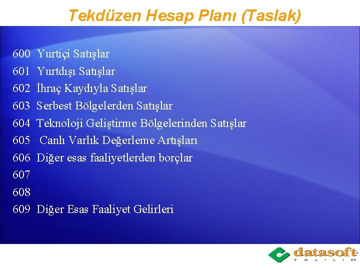 Tekdüzen Hesap Planı (Taslak) 600 601 602 603 604 605 606 607 608 609