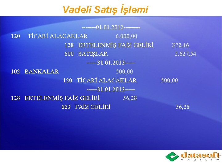 Vadeli Satış İşlemi -------01. 2012 -------120 TİCARİ ALACAKLAR 6. 000, 00 128 ERTELENMİŞ FAİZ