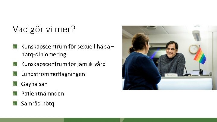 Vad gör vi mer? Kunskapscentrum för sexuell hälsa – hbtq-diplomering Kunskapscentrum för jämlik vård