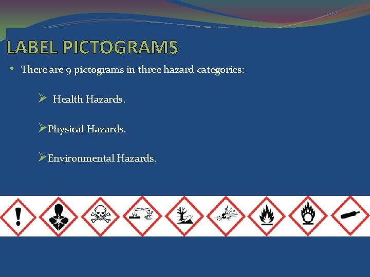 LABEL PICTOGRAMS • There are 9 pictograms in three hazard categories: Ø Health Hazards.