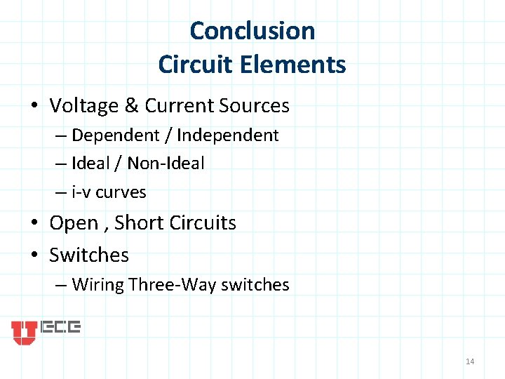 Conclusion Circuit Elements • Voltage & Current Sources – Dependent / Independent – Ideal