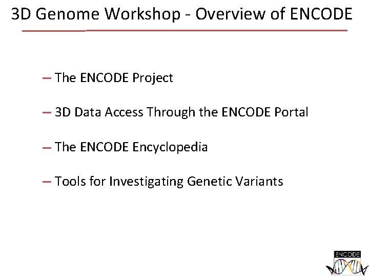 3 D Genome Workshop - Overview of ENCODE The ENCODE Project 3 D Data 3 D Genome Workshop - Overview of ENCODE The ENCODE Project 3 D Data