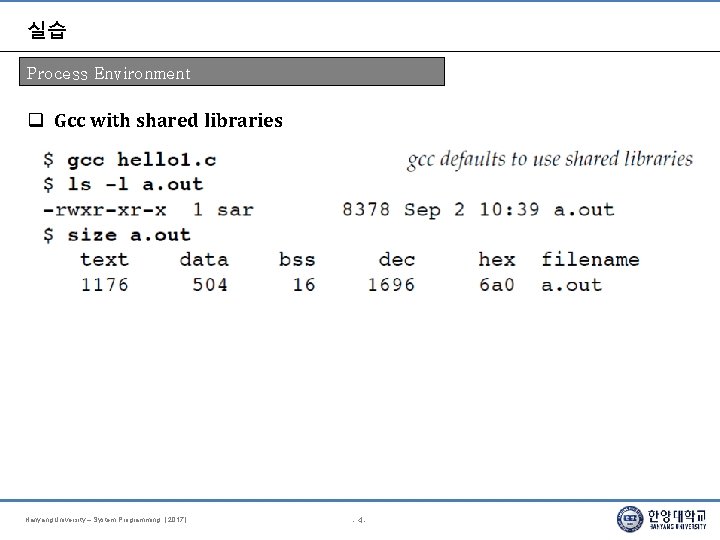 실습 Process Environment Gcc with shared libraries Hanyang University – System Programming. [ 2017
