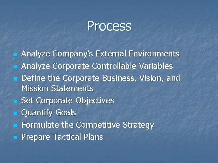 Process n n n n Analyze Company’s External Environments Analyze Corporate Controllable Variables Define