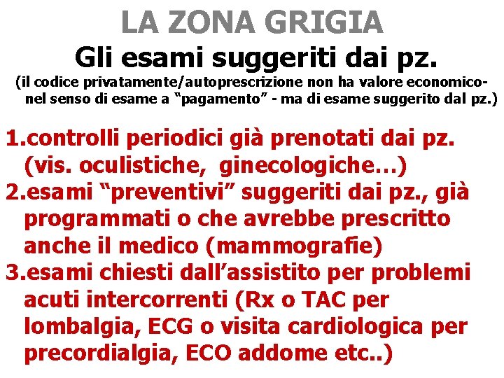 LA ZONA GRIGIA Gli esami suggeriti dai pz. (il codice privatamente/autoprescrizione non ha valore