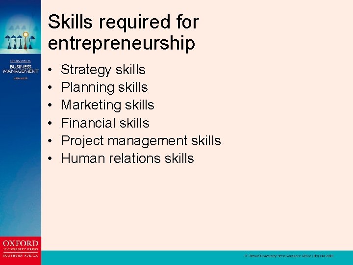 Skills required for entrepreneurship • • • Strategy skills Planning skills Marketing skills Financial