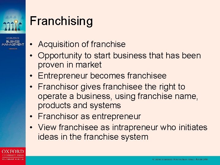 Franchising • Acquisition of franchise • Opportunity to start business that has been proven