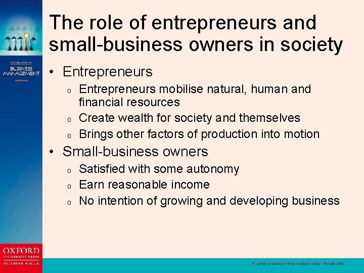 The role of entrepreneurs and small-business owners in society • Entrepreneurs o o o