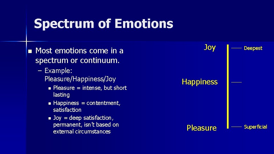 Spectrum of Emotions n Most emotions come in a spectrum or continuum. – Example: