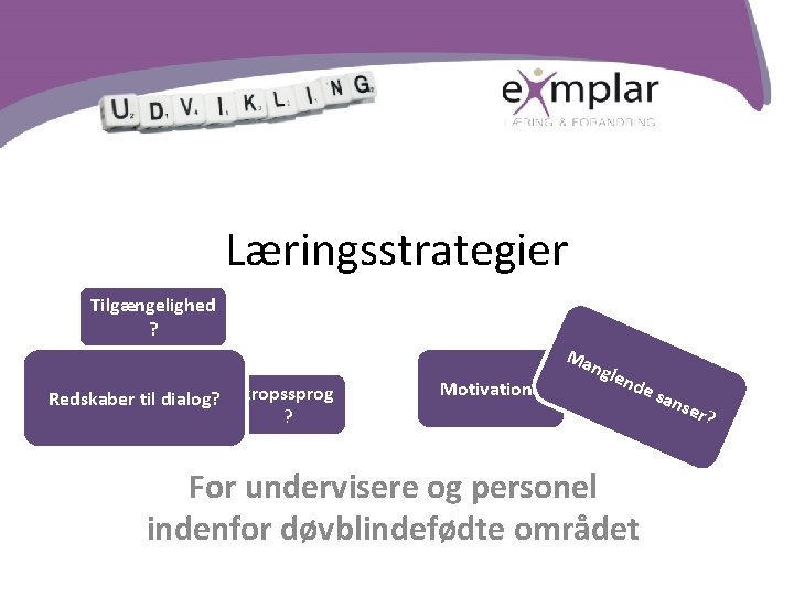 Læringsstrategier Tilgængelighed ? Ma Redskaber til dialog? kropssprog ? Motivation? ngl end For undervisere