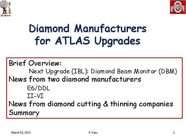 Diamond Manufacturers for ATLAS Upgrades Brief Overview: Next Upgrade (IBL): Diamond Beam Monitor (DBM)