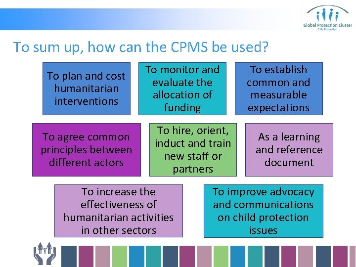 To sum up, how can the CPMS be used? To plan and cost humanitarian