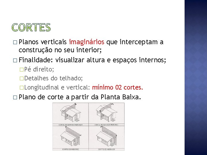 � Planos verticais imaginários que interceptam a construção no seu interior; � Finalidade: visualizar