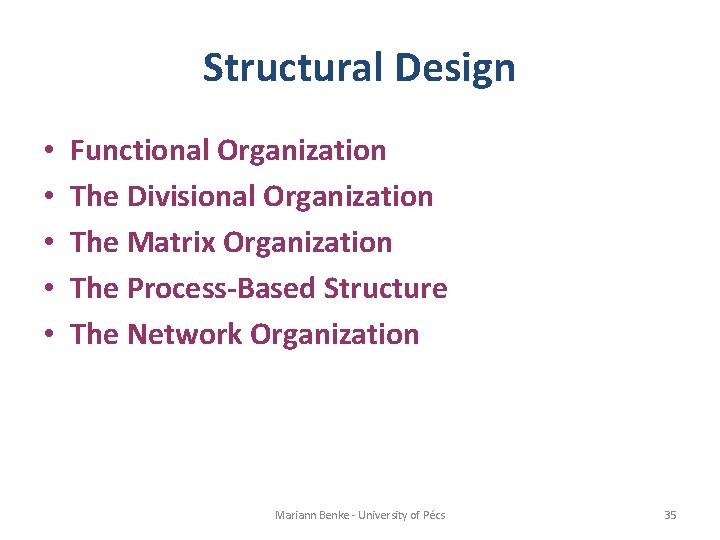 Structural Design • • • Functional Organization The Divisional Organization The Matrix Organization The