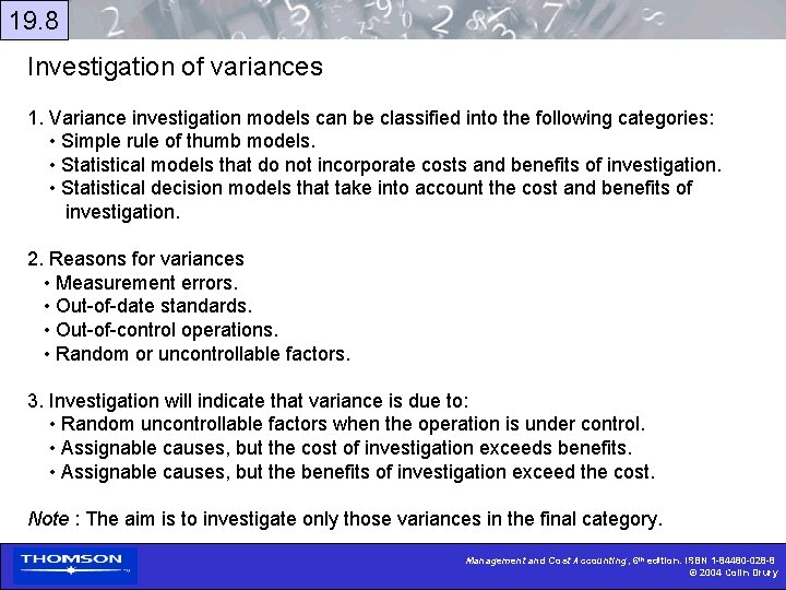 19. 8 Investigation of variances 1. Variance investigation models can be classified into the