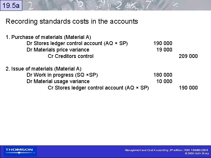 19. 5 a Recording standards costs in the accounts 1. Purchase of materials (Material
