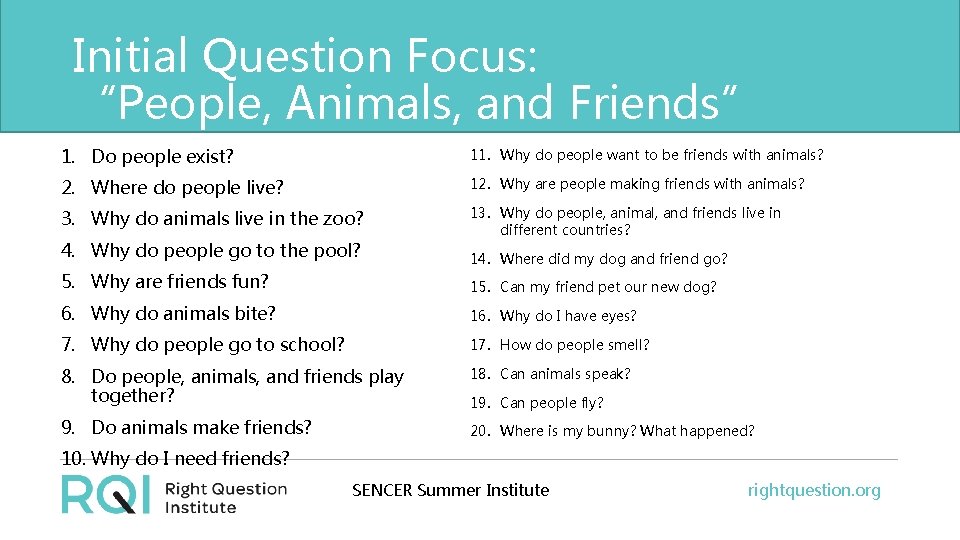 Initial Question Focus: “People, Animals, and Friends” 1. Do people exist? 11. Why do
