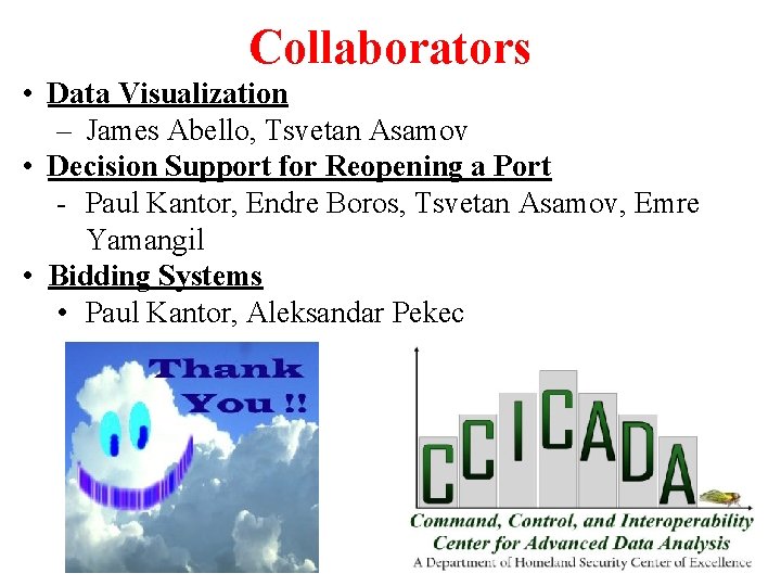 42 Collaborators • Data Visualization – James Abello, Tsvetan Asamov • Decision Support for