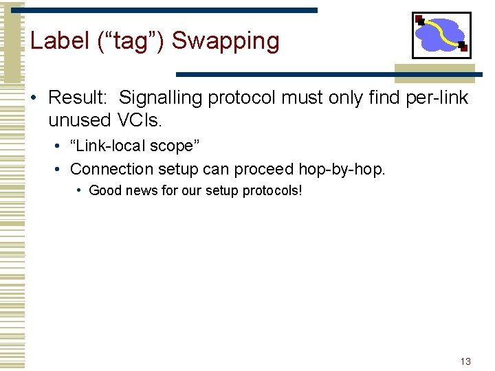 Label (“tag”) Swapping • Result: Signalling protocol must only find per-link unused VCIs. •