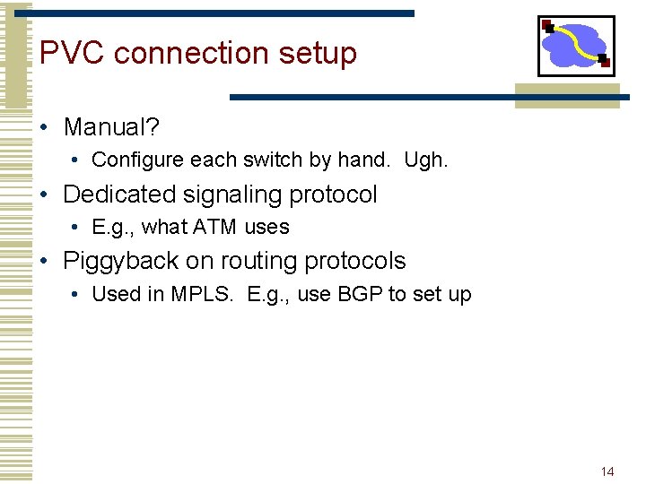 PVC connection setup • Manual? • Configure each switch by hand. Ugh. • Dedicated