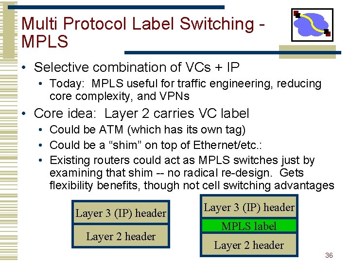 Multi Protocol Label Switching MPLS • Selective combination of VCs + IP • Today: