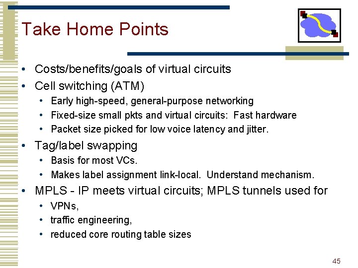 Take Home Points • Costs/benefits/goals of virtual circuits • Cell switching (ATM) • Early