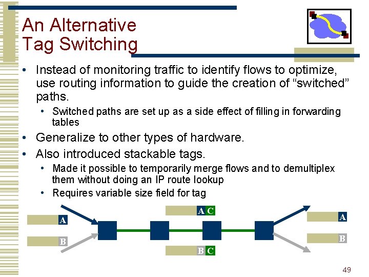 An Alternative Tag Switching • Instead of monitoring traffic to identify flows to optimize,