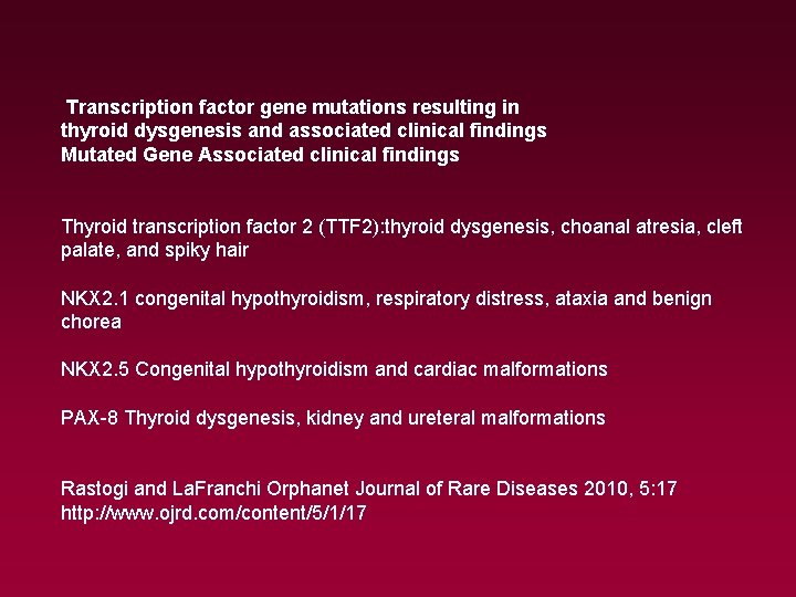 Transcription factor gene mutations resulting in thyroid dysgenesis and associated clinical findings Mutated Gene