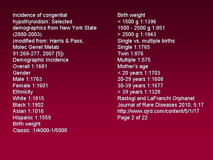 Incidence of congenital hypothyroidism: Selected demographics from New York State (2000 -2003) (modified from: