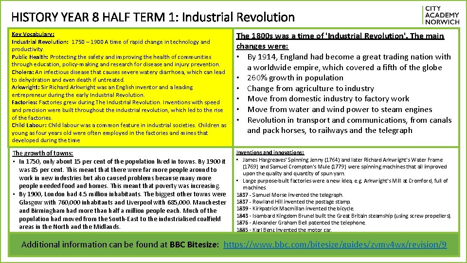 HISTORY YEAR 8 HALF TERM 1: Industrial Revolution Key Vocabulary: Industrial Revolution: 1750 –