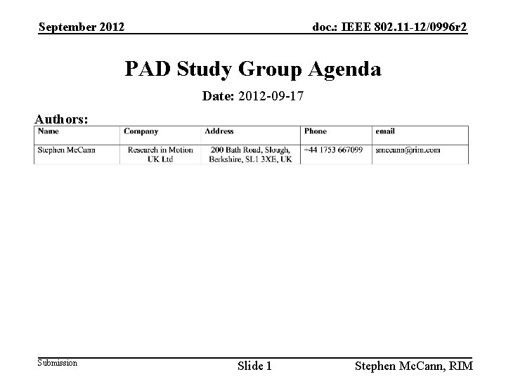 September 2012 doc. : IEEE 802. 11 -12/0996 r 2 PAD Study Group Agenda