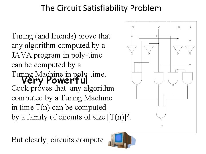 The Circuit Satisfiability Problem Turing (and friends) prove that any algorithm computed by a